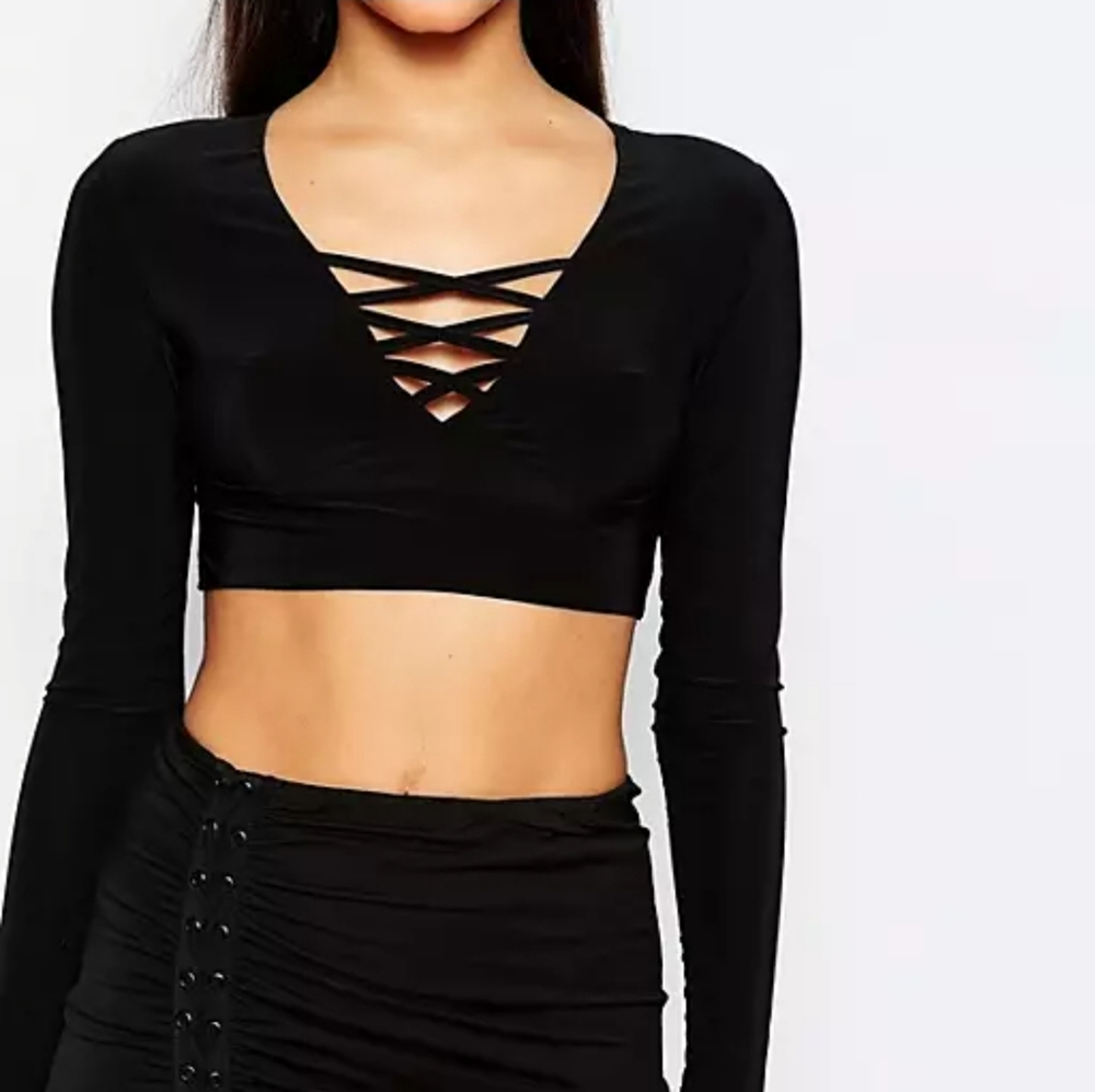 Long sleeve crop top, criss cross design shirt, lace V neckline